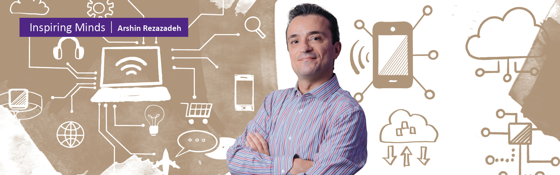 Photo of PhD Candidate Arshin Rezazadah with illustrated background